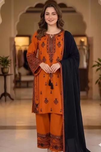 Orange rayon embroidered palazzo set