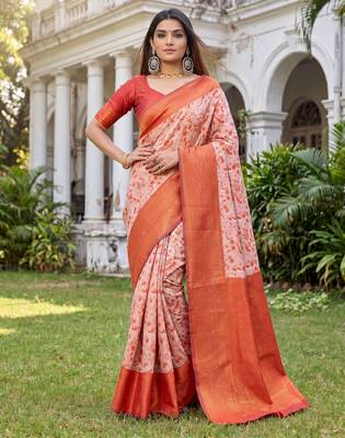 ORANGE ART SILK BANARASI JACUARD WORK SAREE WITH UNSTITCHED BLOUSE PIECE 1
