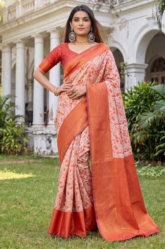 ORANGE ART SILK BANARASI JACUARD WORK SAREE WITH UNSTITCHED BLOUSE PIECE