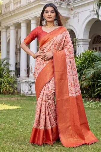 ORANGE ART SILK BANARASI JACUARD WORK SAREE WITH UNSTITCHED BLOUSE PIECE