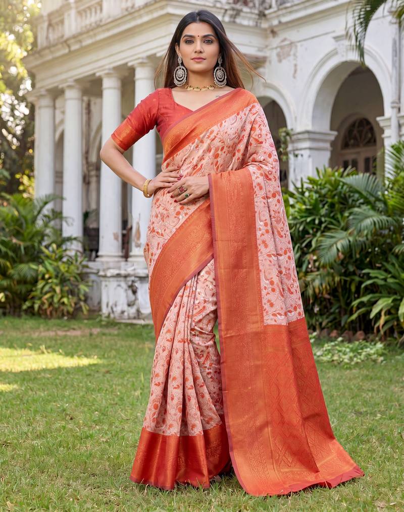 ORANGE ART SILK BANARASI JACUARD WORK SAREE WITH UNSTITCHED BLOUSE PIECE