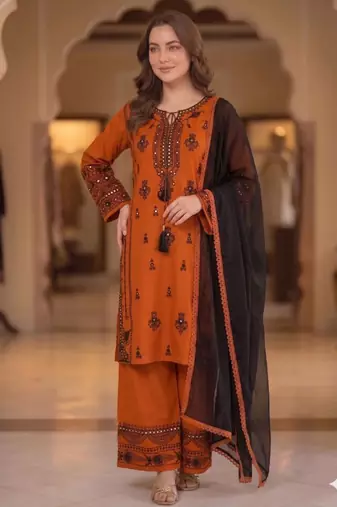 Orange rayon embroidered palazzo set