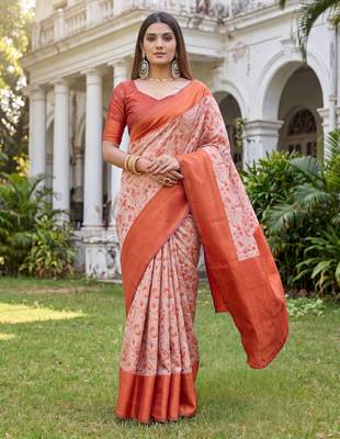 ORANGE ART SILK BANARASI JACUARD WORK SAREE WITH UNSTITCHED BLOUSE PIECE 2