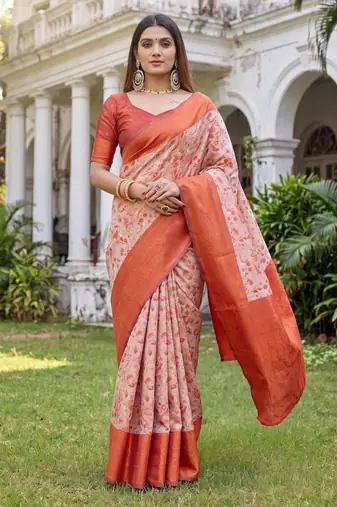 ORANGE ART SILK BANARASI JACUARD WORK SAREE WITH UNSTITCHED BLOUSE PIECE