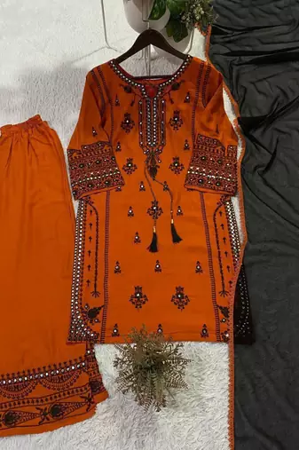 Orange rayon embroidered palazzo set