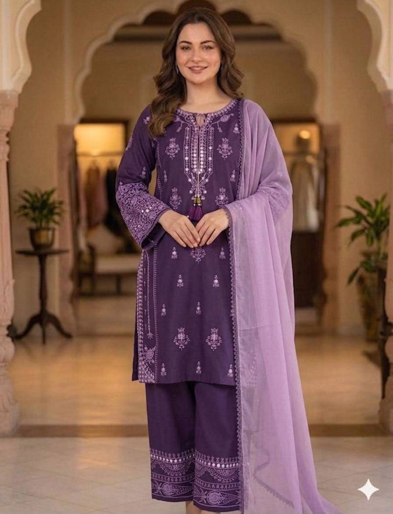 Purple rayon embroidered palazzo set