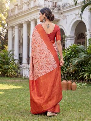 ORANGE ART SILK BANARASI JACUARD WORK SAREE WITH UNSTITCHED BLOUSE PIECE 3