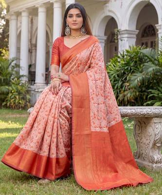 ORANGE ART SILK BANARASI JACUARD WORK SAREE WITH UNSTITCHED BLOUSE PIECE 4