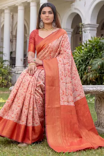 ORANGE ART SILK BANARASI JACUARD WORK SAREE WITH UNSTITCHED BLOUSE PIECE