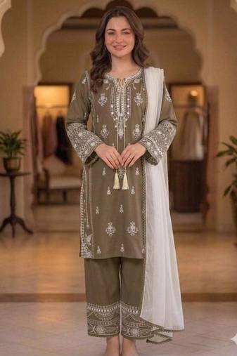Brown rayon embroidered palazzo set