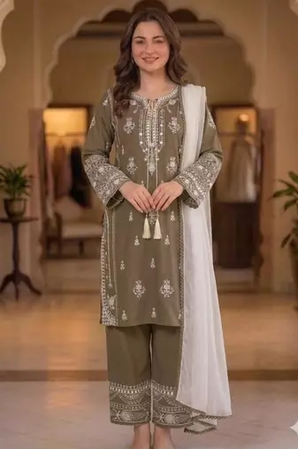 Brown rayon embroidered palazzo set