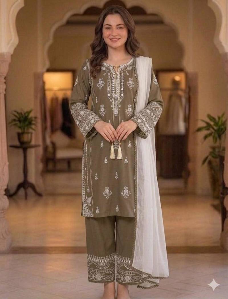Brown rayon embroidered palazzo set