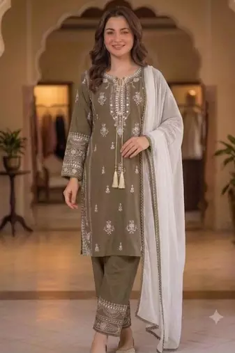 Brown rayon embroidered palazzo set