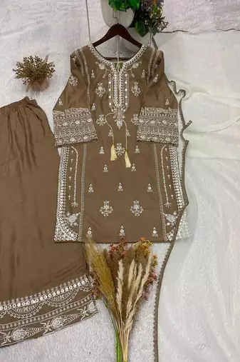 Brown rayon embroidered palazzo set