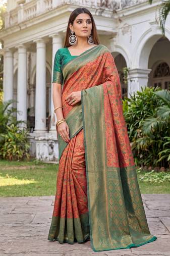 ORANGE GREEN ART SILK BANARASI JACUARD WORK SAREE WITH UNSTITCHED BLOUSE PIECE