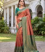 ORANGE GREEN ART SILK BANARASI JACUARD WORK SAREE WITH UNSTITCHED BLOUSE PIECE