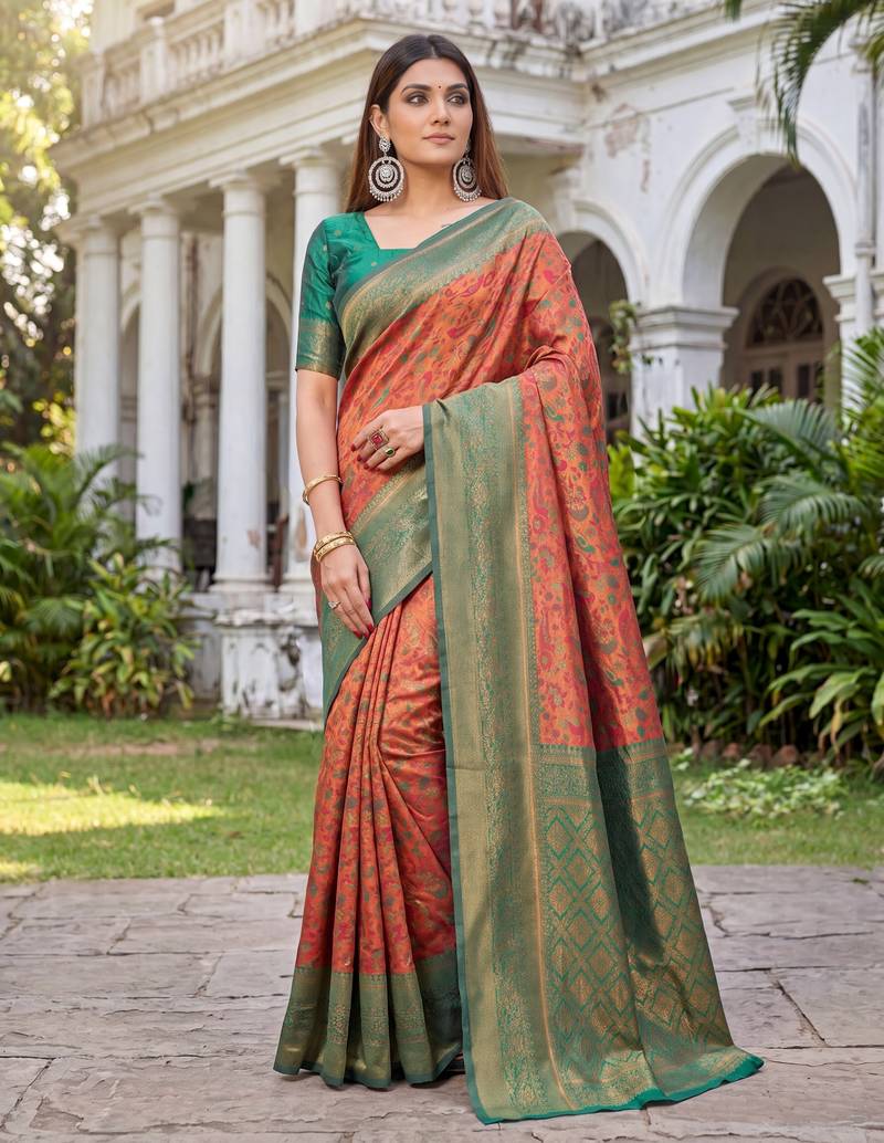 ORANGE GREEN ART SILK BANARASI JACUARD WORK SAREE WITH UNSTITCHED BLOUSE PIECE
