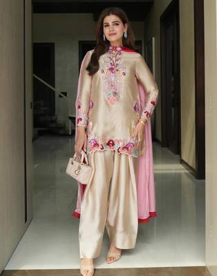 Beige satin embroidered farshi salwar set 1