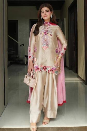 Beige satin embroidered farshi salwar set