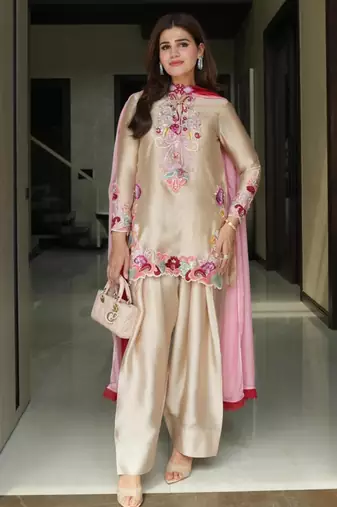 Beige satin embroidered farshi salwar set