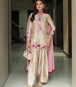 Beige satin embroidered farshi salwar set