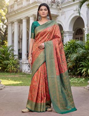 ORANGE GREEN ART SILK BANARASI JACUARD WORK SAREE WITH UNSTITCHED BLOUSE PIECE 2