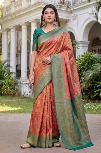 ORANGE GREEN ART SILK BANARASI JACUARD WORK SAREE WITH UNSTITCHED BLOUSE PIECE
