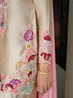 Beige satin embroidered farshi salwar set 2