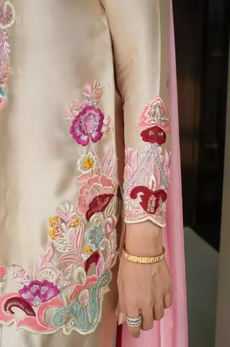 Beige satin embroidered farshi salwar set
