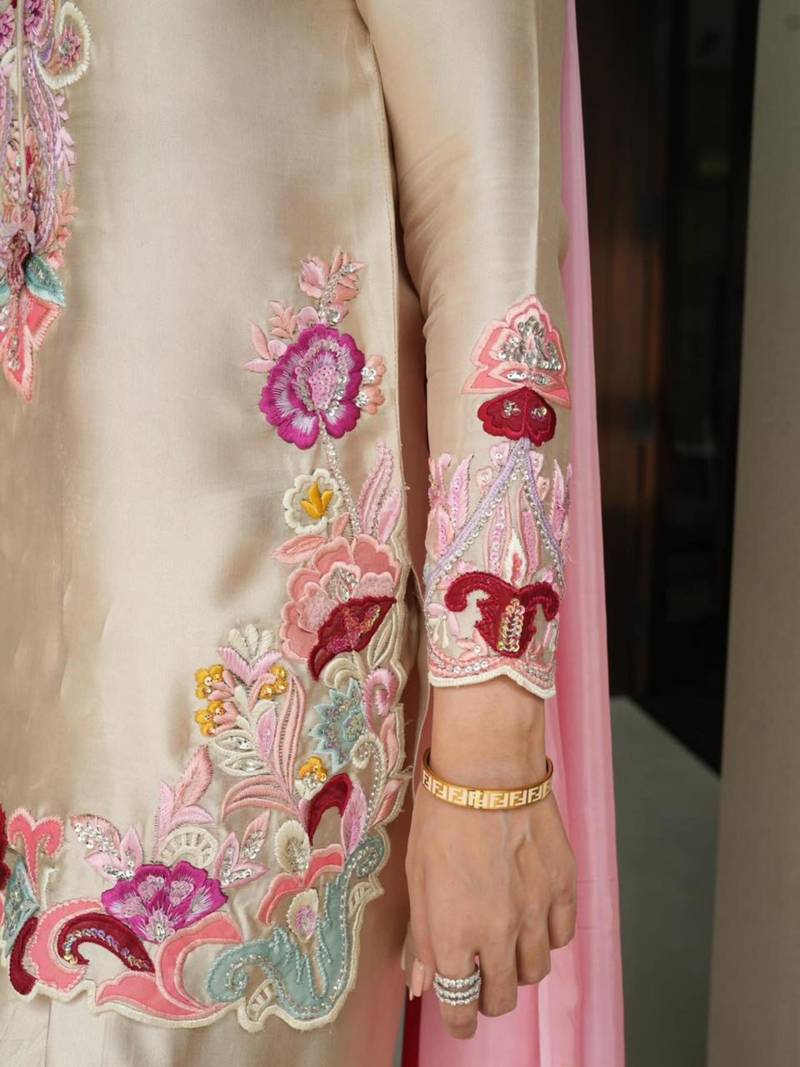 Beige satin embroidered farshi salwar set
