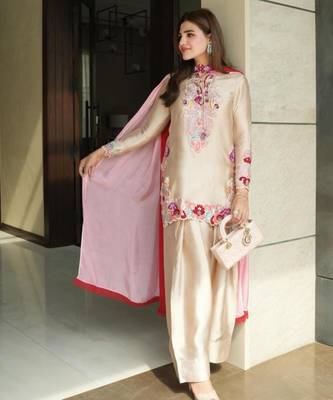 Beige satin embroidered farshi salwar set 3