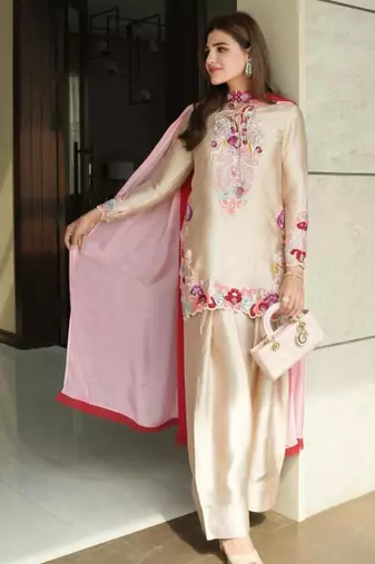 Beige satin embroidered farshi salwar set