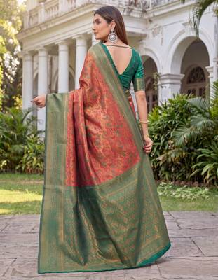ORANGE GREEN ART SILK BANARASI JACUARD WORK SAREE WITH UNSTITCHED BLOUSE PIECE 3