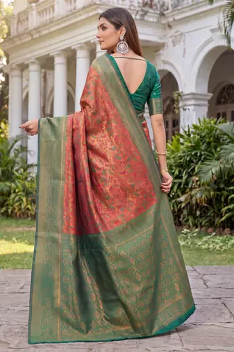 ORANGE GREEN ART SILK BANARASI JACUARD WORK SAREE WITH UNSTITCHED BLOUSE PIECE