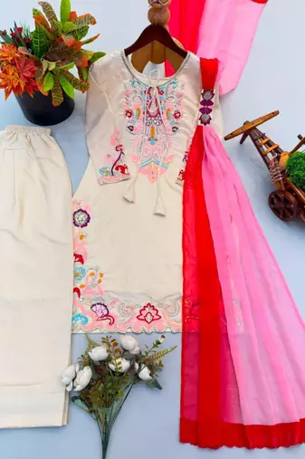 Beige satin embroidered farshi salwar set