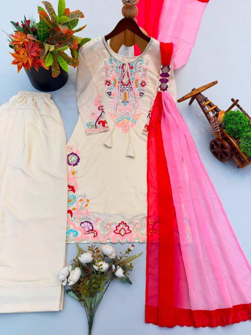 Beige satin embroidered farshi salwar set