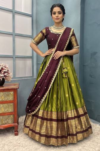 Olive Green Half Saree Set with Maroon Embroidered Blouse & Dupatta