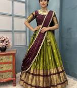 Olive Green Half Saree Set with Maroon Embroidered Blouse & Dupatta