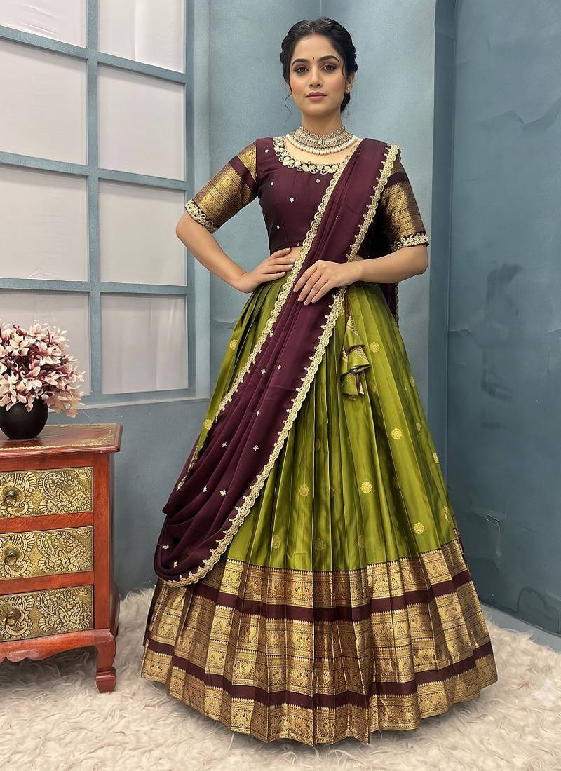Olive Green Half Saree Set with Maroon Embroidered Blouse & Dupatta