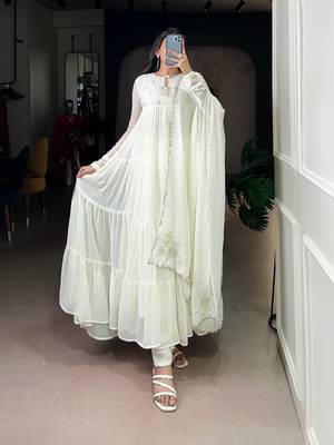 White silk blend plain anarkali set 1