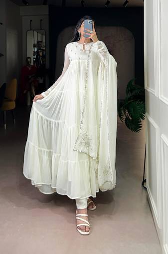 White silk blend plain anarkali set