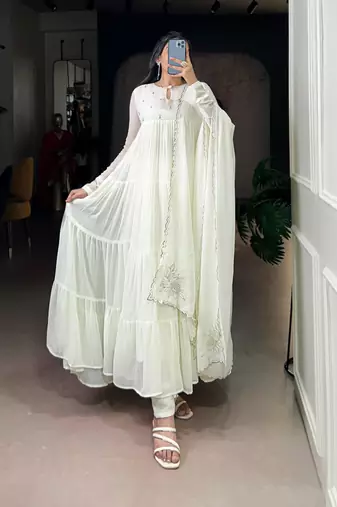White silk blend plain anarkali set