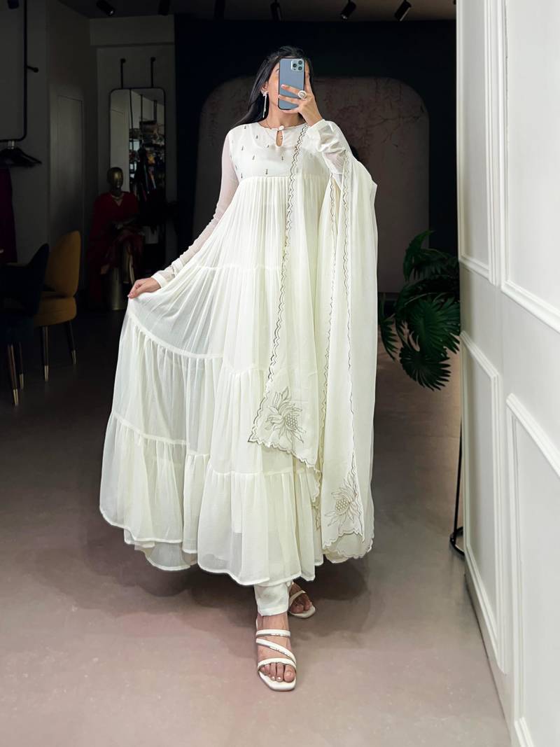 White silk blend plain anarkali set