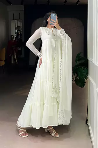 White silk blend plain anarkali set