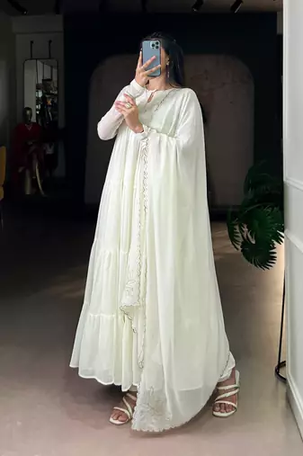 White silk blend plain anarkali set
