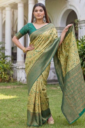 PARROT GREEN ART SILK BANARASI JACUARD WORK SAREE WITH UNSTITCHED BLOUSE PIECE