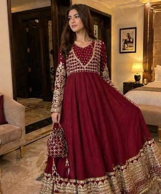 Red faux georgette embroidered flared gown set 1