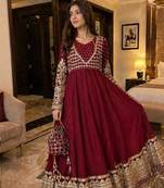 Red faux georgette embroidered flared gown set