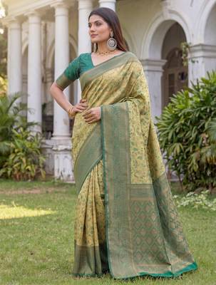 PARROT GREEN ART SILK BANARASI JACUARD WORK SAREE WITH UNSTITCHED BLOUSE PIECE 2