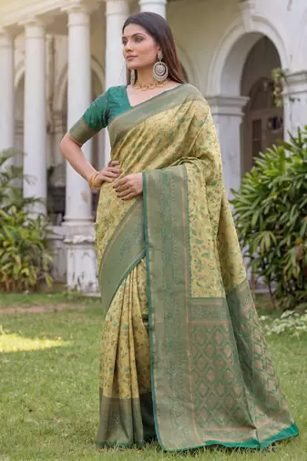 PARROT GREEN ART SILK BANARASI JACUARD WORK SAREE WITH UNSTITCHED BLOUSE PIECE